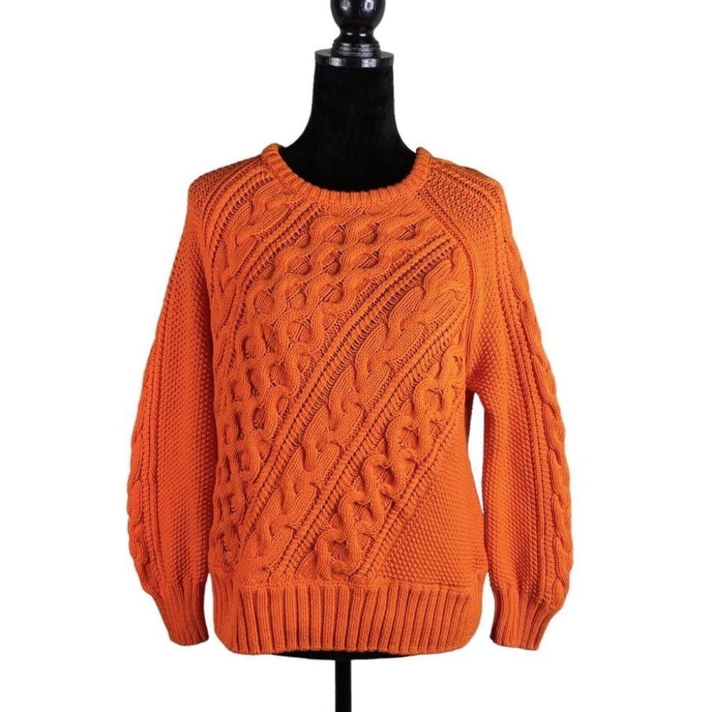 J. Crew Diagonal Cable Knit Crewneck Orange Sweater AK157 Size Large New